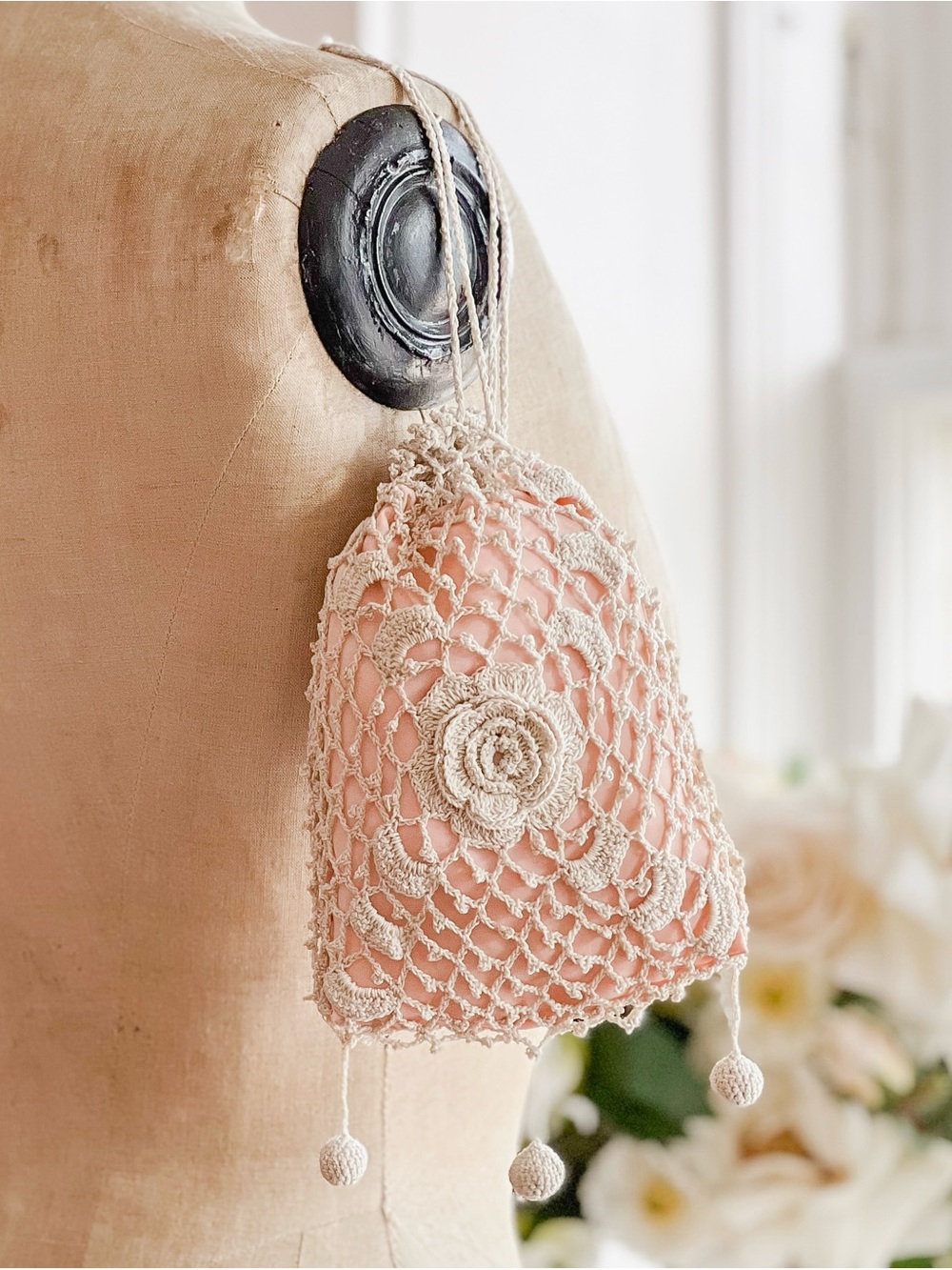 Antique Edwardian Crochet Reticule Purse with Peach Lining